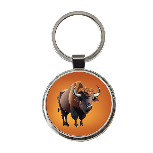 Buffalo Standing Round Metal Keychain