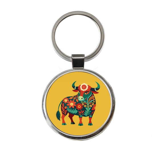 Bull Cow Floral Flowers Round Metal Keychain