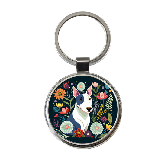 Bull Terrier Dog Floral Flowers Round Metal Keychain
