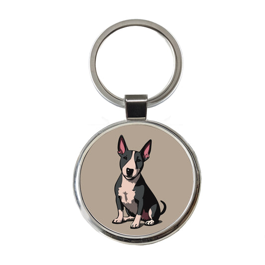 Bull Terrier Dog Sitting Round Metal Keychain
