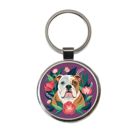 Bulldog Dog Floral Flowers Purple Background Round Metal Keychain