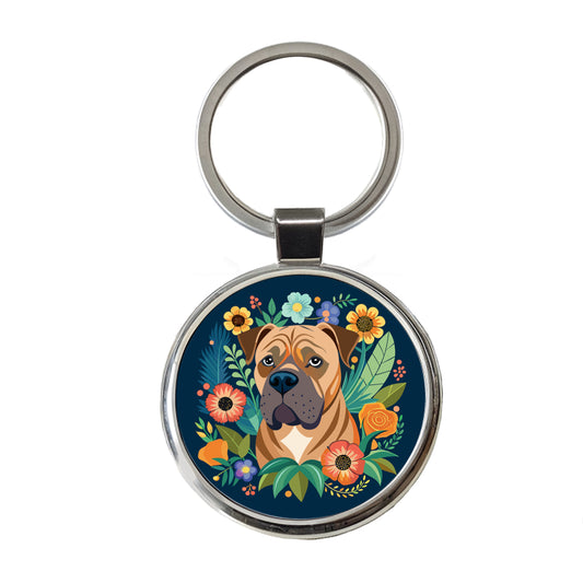 Bullmastiff Dog Floral Flowers Round Metal Keychain