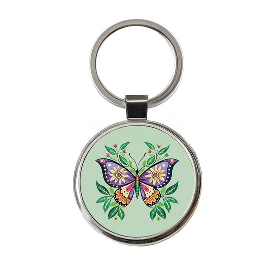 Butterfly Floral Flowers Round Metal Keychain