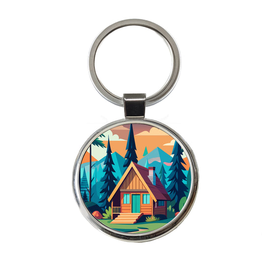 Cabin in the Forest Rustic Log Round Metal Keychain