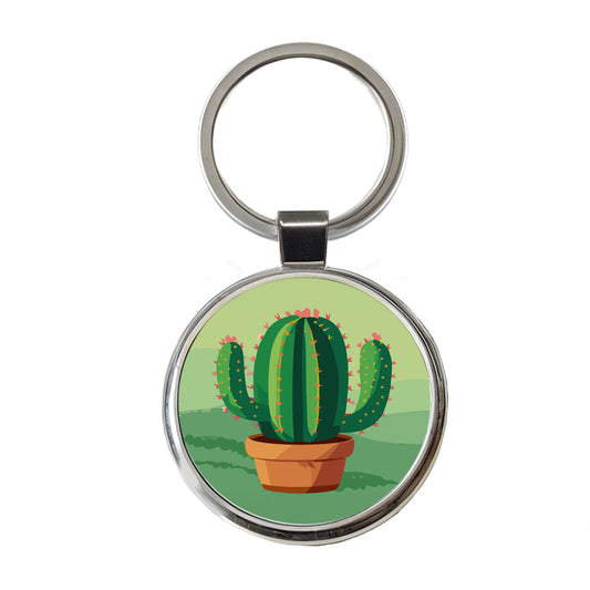 Cactus Green Round Metal Keychain