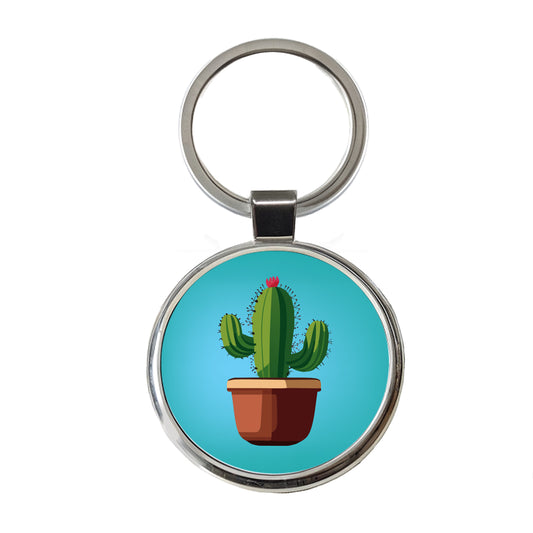 Cactus in Pot Round Metal Keychain