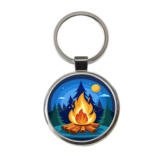 Camp Fire Camping Round Metal Keychain