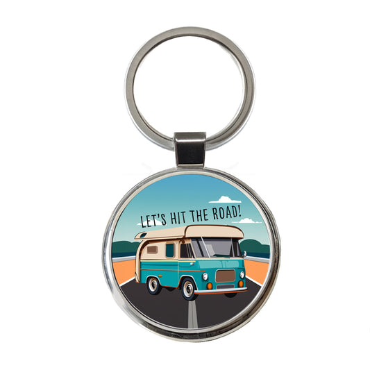Camper RV Retro Vintage Traveling Hit the Road Camping Round Metal Keychain