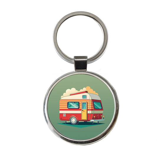 Camper RV Trailer Retro Round Metal Keychain