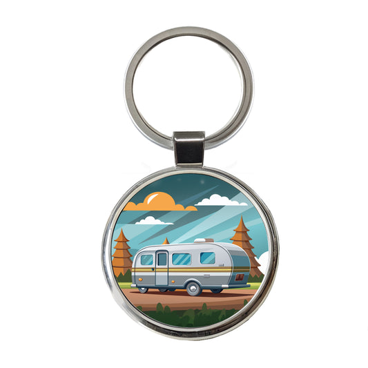 Camper RV Trailer Traveling Road Trip Round Metal Keychain