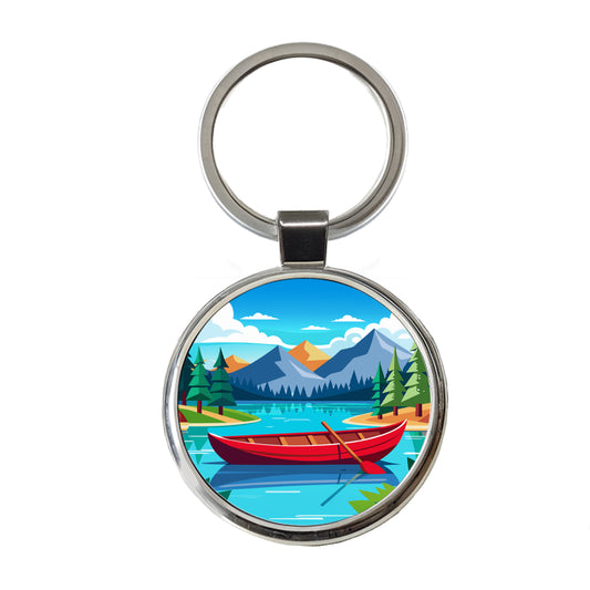 Canoe on Lake Red Round Metal Keychain