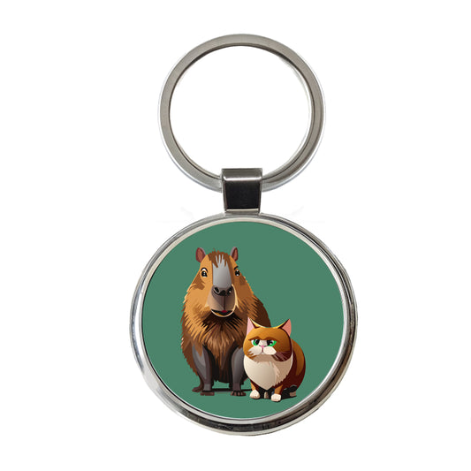 Capybara and Cat Best Friends BFF Cute Round Metal Keychain