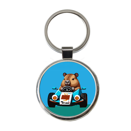 Capybara Driving Race Car Funny Round Metal Keychain