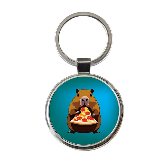 Capybara Eating Pizza Funny Round Metal Keychain