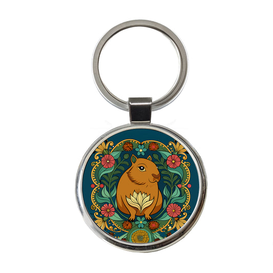 Capybara Floral Art Nouveau Flowers Elegant Round Metal Keychain