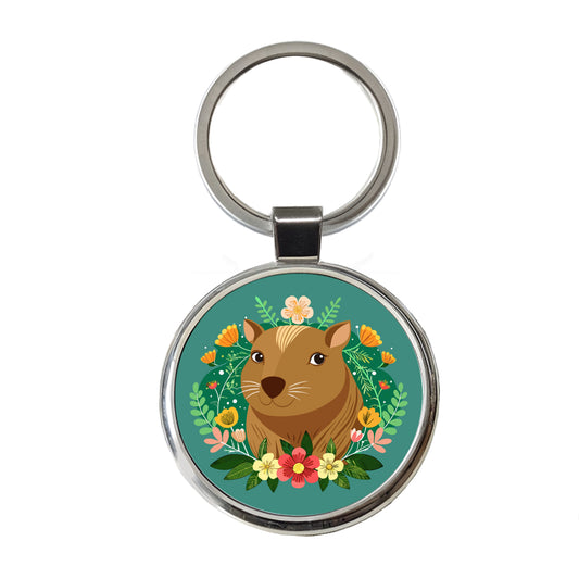Capybara Head Floral Flowers Round Metal Keychain