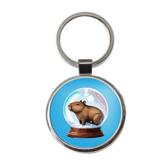 Capybara in a Snow Globe Christmas Round Metal Keychain