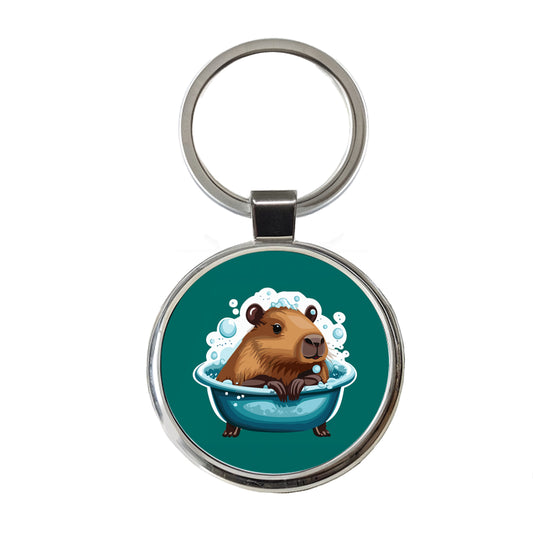 Capybara in Bubble Bath Bathing Funny Round Metal Keychain