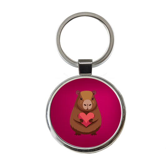 Capybara Love Holding Heart Valentines Day Anniversary Round Metal Keychain