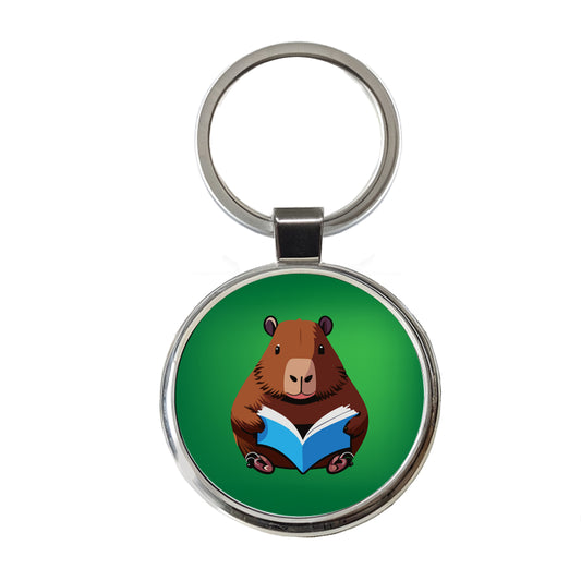 Capybara Reading Book Reader Round Metal Keychain