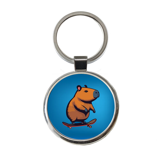 Capybara Riding Skateboard Skater Funny Round Metal Keychain