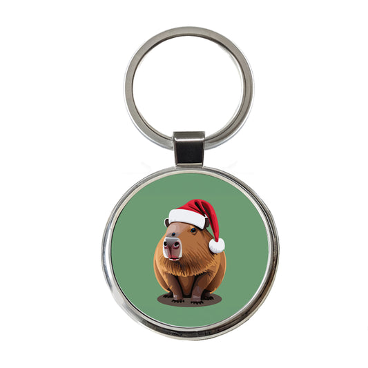 Capybara Santa Hat Christmas Round Metal Keychain