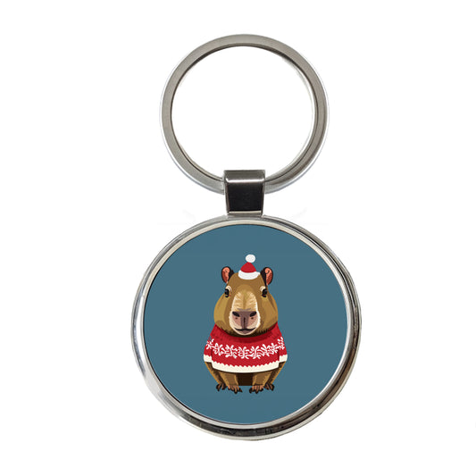 Capybara Wearing Christmas Sweater Funny Round Metal Keychain