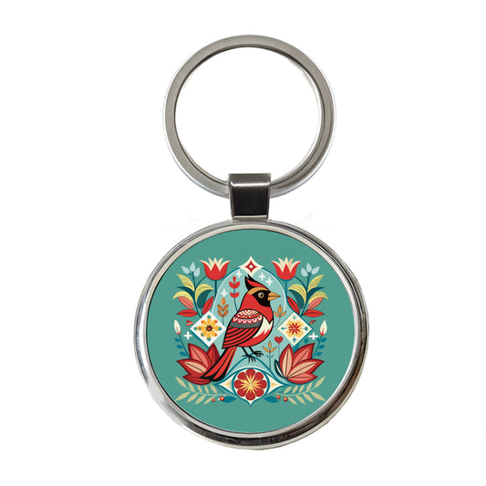 Cardinal Bird Floral Flowers Round Metal Keychain