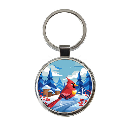 Cardinal in Winter Snow Scene Round Metal Keychain