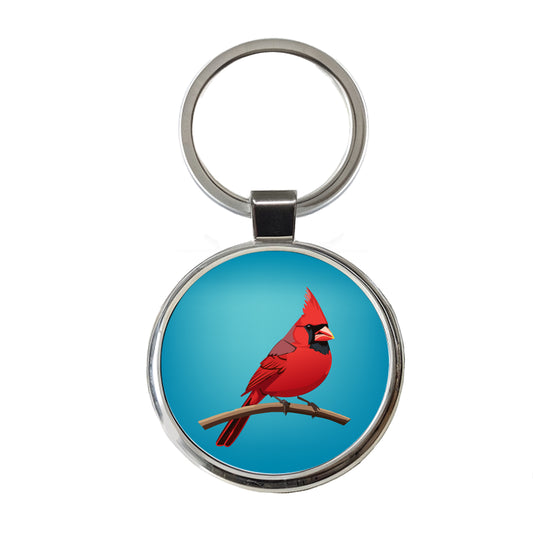 Cardinal Red on Branch Round Metal Keychain