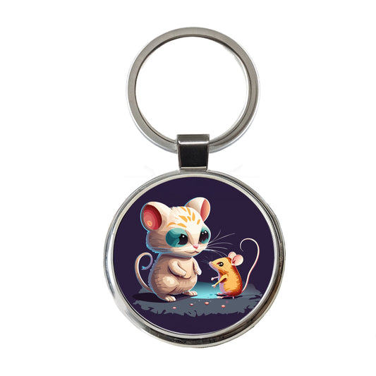 Cat and Mouse Playing Round Metal Keychain
