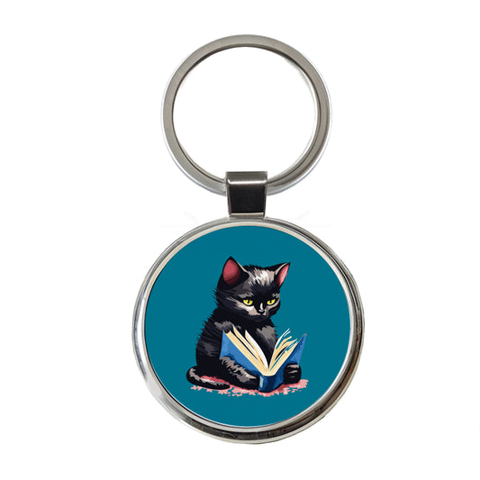 Cat Black Reading Book Reader Round Metal Keychain