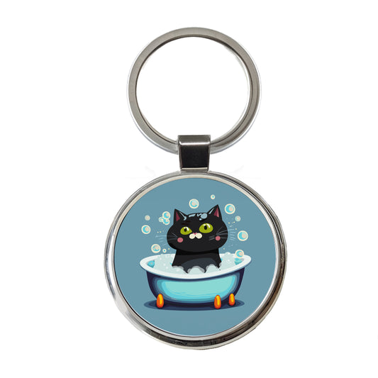 Cat Black Taking Bubble Bath Round Metal Keychain