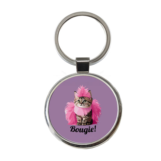 Cat Bougie Funny Pink Feather Boa Round Metal Keychain
