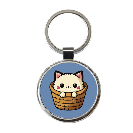 Cat Cute Chibi in Basket Round Metal Keychain