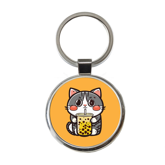 Cat Drinking Boba Bubble Tea Round Metal Keychain