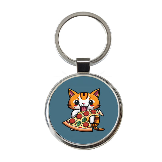 Cat Eating Pizza Funny Round Metal Keychain