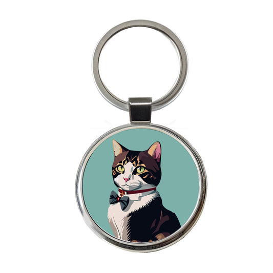 Cat Fancy with Bowtie Round Metal Keychain