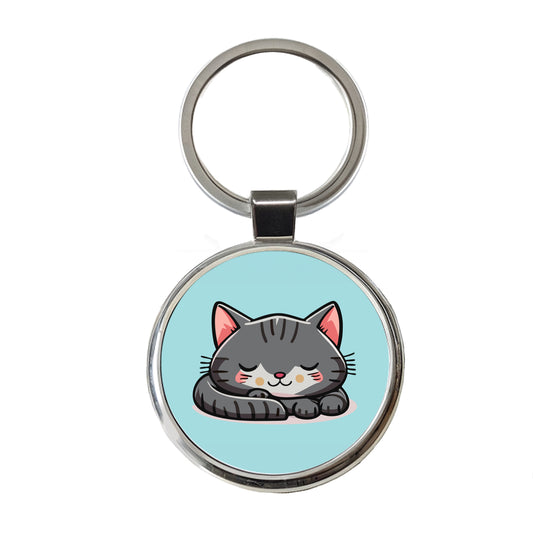 Cat Gray Sleeping Round Metal Keychain