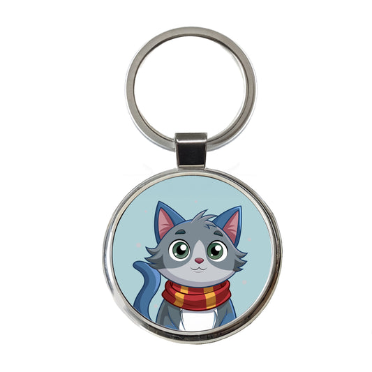 Cat Gray Wearing Winter Scarf Round Metal Keychain