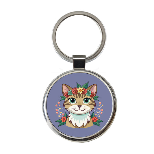 Cat Head Floral Flowers Round Metal Keychain