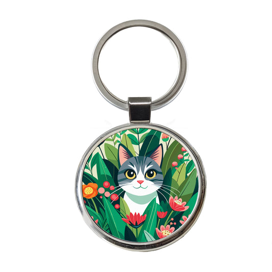 Cat Hiding in Flower Garden Round Metal Keychain