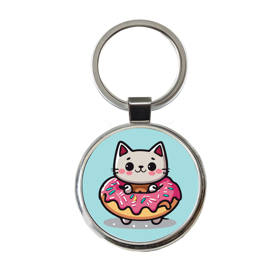 Cat Kawaii Cute in Donut Round Metal Keychain