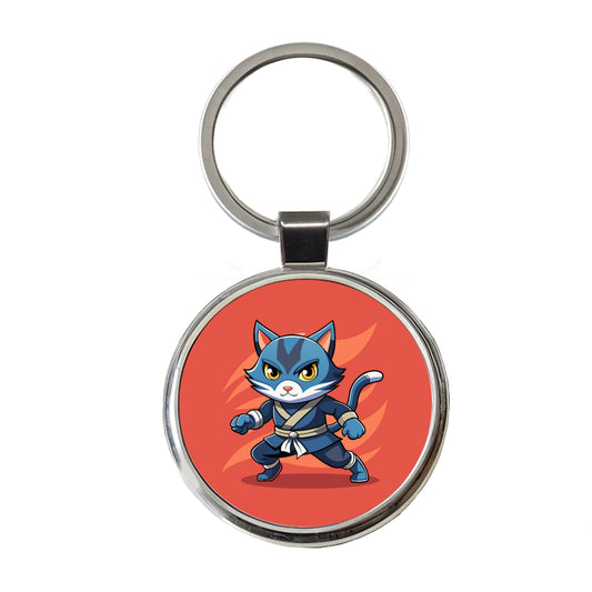 Cat Ninja Round Metal Keychain