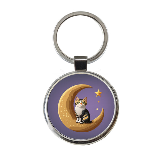 Cat on Crescent Moon Stars Cute Round Metal Keychain