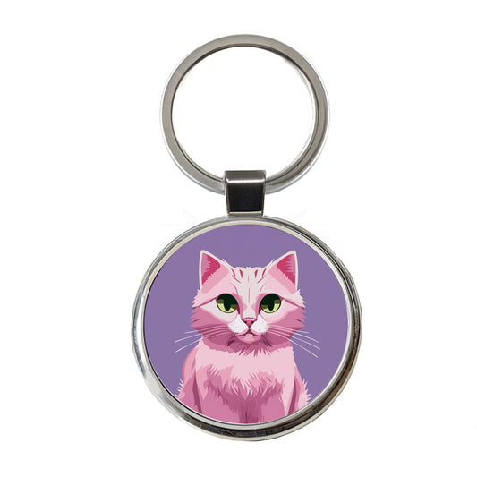 Cat Pink Round Metal Keychain