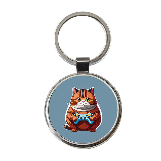 Cat Playing Game Gamer Gaming Chubby Round Metal Keychain