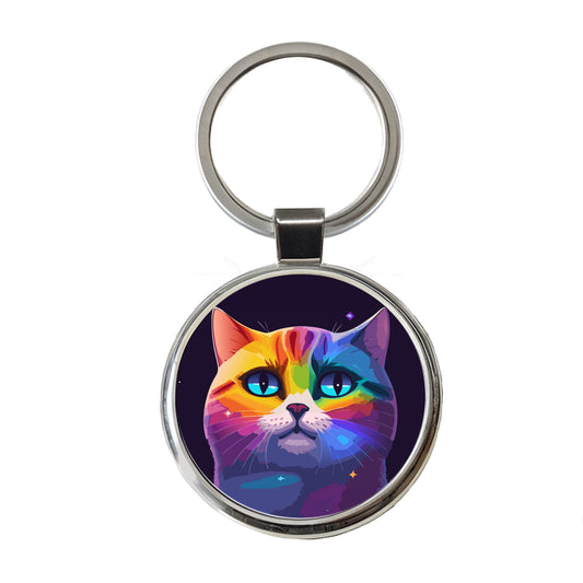 Cat Rainbow in Space Stunning Round Metal Keychain