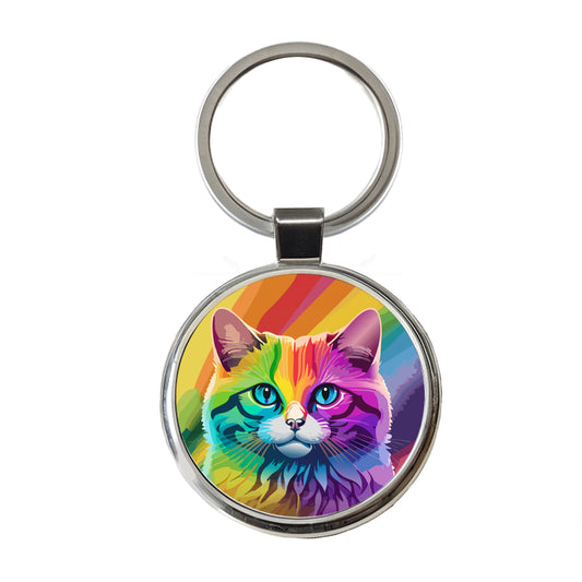 Cat Rainbow Round Metal Keychain