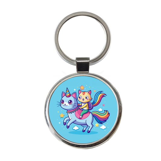 Cat Riding Caticorn Unicorn Funny Round Metal Keychain